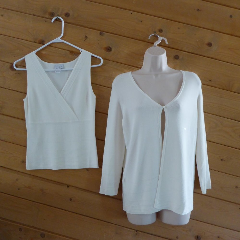 LOFT Vintage White Sweater Faux Wrap Tank Sleeveless Swing Cardigan S/M NEW